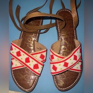 Sam Edelman Woman's Brown Slip On Flat Sandals Coral Multi-Beaded Gunner 8M 8.5